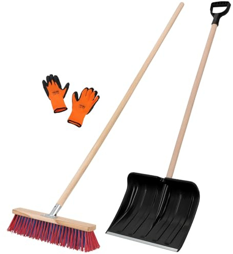 KOTARBAU® Set pala da neve con manico in legno 131 cm scopa da strada 43 cm + guanti pala da neve pala da neve spazzaneve scopa da giardino con manico esterno pala da neve auto manico in legno per la