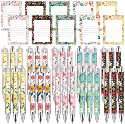 Kosiz 60 Pcs Flower Notepads with Pens Floral Sticky Notes Funny Ballpoint Pens Bulk Floral to Do List Memo Pads for Flower Theme Party Favors Office Holiday Gifts