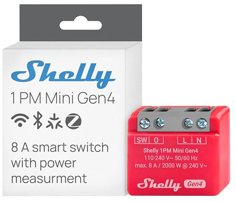 Shelly 1PM Mini Gen4 - Interruptor De Relé Inteligente con Bluetooth y Zigbee, 1 Canal, 8 A, Medición de Potencia, Domótica, Control Remoto, No requiere Hub, Alexa y Google