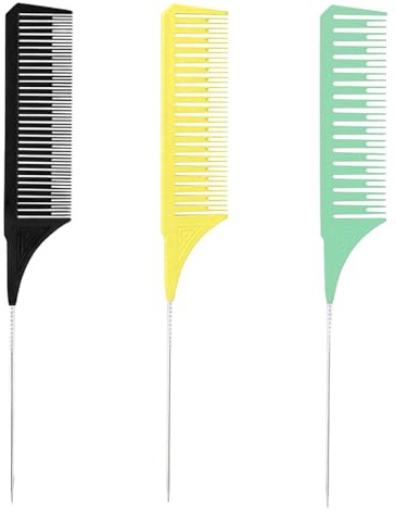3 PCS Rat Tail Combs Metal & Plastic Weaving Combs Multi Sizes Salon Highlighting Comb with Stainless Steel Handle for Men Women Hair Stylist Barbershop