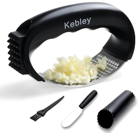 Kebley Garlic Press Rocker Stainless Steel Garlic Crusher, Mincer and Chopper with Peeler and Scraper,brush, Easy Kitchen Gadget for Effortless Smashing