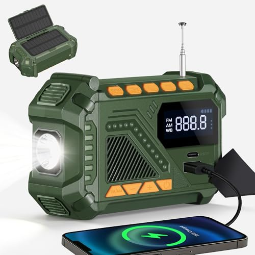Solar Hand Crank Emergency Radio, 5000mAh NOAA Weather Radio, Radio Portable AM/FM/WB, Flashlight and SOS Alert for Indoor/Outdoor Emergency（Green）