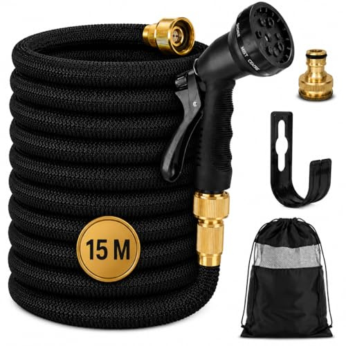 Manguera Extensible Jardín hasta 15 metros con Pistola de Riego Premium de 8 modos, Conectores de Latón 1/2 y 3/4, Resistente y duradeea. Manguera agua flexible Reforzada Antifugas Alta Presión
