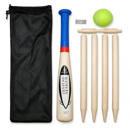 BURAKH 18” Rounder Bat Set with Stumps, Bail, Tennis Ball & Mesh Carry Bag – Complete Outdoor Cricket Game Kit for Kids and Adults