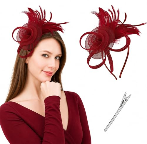 GEEKPC Elegant Black Mesh Flower Fascinator with Feathers for Weddings - Adjustable Headband and Secure Hair Clip for Women, Race Days and Parties, Vintage-Inspired Ladies Hat Accessory