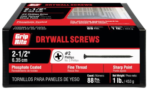 Grip-Rite Fine Thread Drywall Screws - #2 Phillips Bugle Head - Sharp Point - Attach Drywall to Steel Studs - Phosphate Coated - #6 X 2-1/2 - 1 Lb Box - 238 Count - 212DWS1