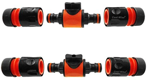 Quick-Release in-line shut-off valve for garden hose pipe ideal to control water flow through garden hose+irrigation systems,universal hose connectors (PACK OF 2 X VALVES +4 X HOSE CONNECTORS)