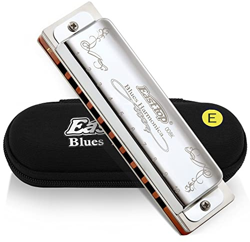 East top Blues Harmonica Key of E, 10 Holes 008K Diatonic Mouth Organ Harmonica with Silver Cover, Standard Harmonicas For Adults, Professionals and Students