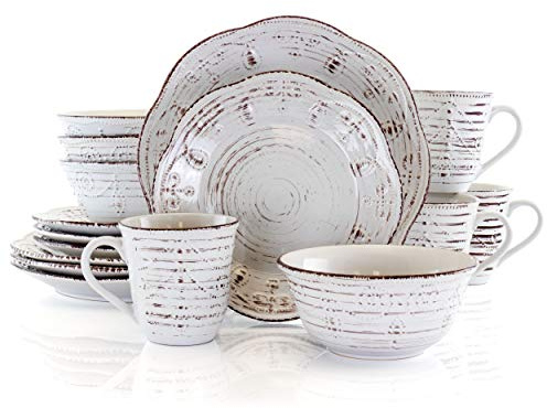 Elama Rustic Birch 16 Piece Embossed Scalloped Stoneware Round Dinnerware Set in White with Brown Accents