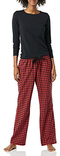 Amazon Essentials Conjunto de Dormir Ligero de Franela para Mujer y Camiseta de Manga Larga, Color Rojo y Negro, Mini Cuadros Escoceses, Talla L