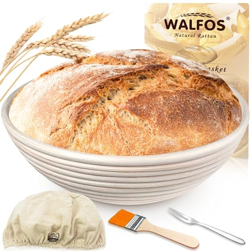 Walfos® Gärkörbchen ,Gärkorb zum Brotbacken Set Rundes Banneton ø 25cm, Inklusive 100% Natürlichem Rattan, Pinsel,Brot Gabel und Leinenbezug, ideal für Heim- und professionelle Bäcker