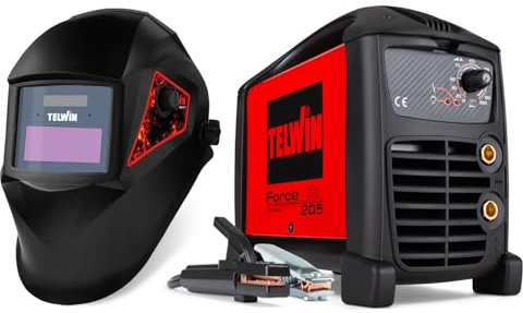 Telwin Force 205 Soldadora inverter a electrodo MMA con casque de soldadura automático y accesorios para soldadura, 200A