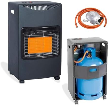 LARGE 4.2KW CALOR GAS PORTABLE CABINET HEATER FIRE BUTANE LPG WITH REGULATOR & HOSE, Black