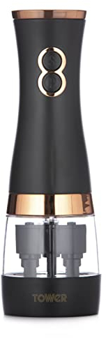Tower T847004BLK Electric Salt and Pepper Mills, Battery Operated with Adjustable Ceramic Grinders, Black and Rose Gold