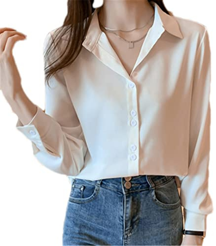 Camisas sedosas con cuello en V para mujer, blusas de satén de manga larga con botones, camisa de oficina vintage, blanco, L