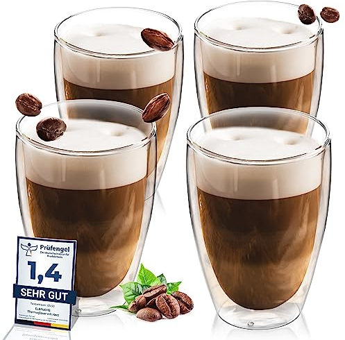 ElbFuchs® Doppelwandige Latte Macchiato Gläser Set [4x 350ml in GASTRO-QUALITÄT] Kristallklare Thermogläser doppelwandig | Ideal als Cappuccino Gläser | Kaffegläser | Teegläser