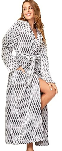 RONGTAI Bata de baño de felpa con capucha para mujer, camisón grueso con bolsillos, ropa de dormir esponjosa, A cuadros, Small
