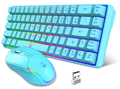 Snpurdiri Ensemble clavier souris 60 % sans fil, éclairage LED, batterie rechargeable de 2000 mAh, petite mini 60 % sans fil, design ergonomique, souris 6D 3200 DPI (bleu)