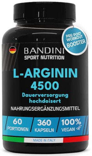 Bandini® L-Arginina 4.500 mg 360 Capsule Alto Dosaggio - Pura L-arginine HCL - Integratore Alimentare Sportivo senza Additivi non Necessari - Qualità Italiana - Alternativa a polvere o compresse