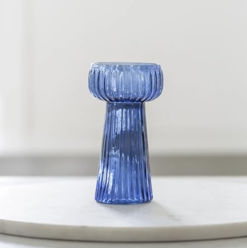 Blue Ribbed Texture Hyacinth Flower Bulb Glass Vase, Spring Bulb Propagator Planter, Tall Blue Glass Bud Flower Hyacinth Glass Vase