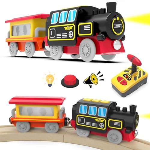LiRiQi Train électrique télécommandée Enfant Locomotive à Piles à Vapeur, Ensemble de Train à Grande Vitesse à Moteur, Train Bois Magnétique Compatible avec Thomas Brio, Jouet pour Tout-Petits Enfants