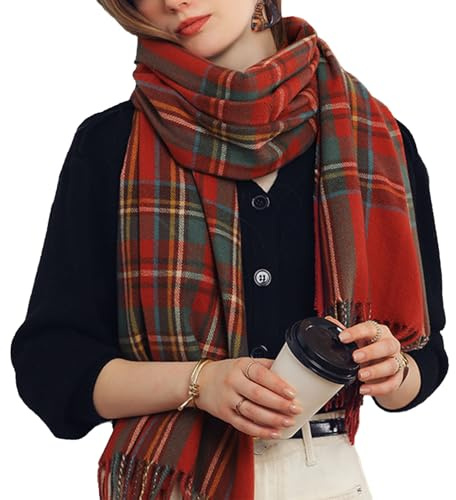 Rayson Echarpe Femme Hiver Chaud Doux Cape Elégant Épais Réversible Tartan Châle avec Longues Franges(Rouge,Taille unique)