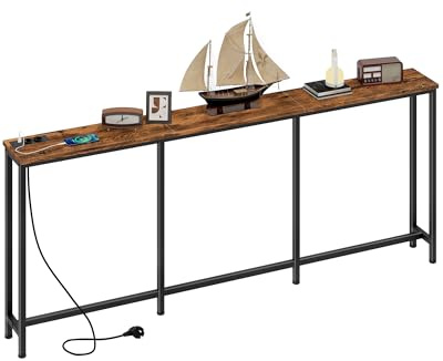 CHOEZON Consola de 180 cm, Mesa de Entrada con Base de Carga, Mesa de Sofá Larga y Estrecha con 2 Tomas Estándar y 2 Puertos USB, para Recibidor, Salón, Marrón Vintage y Negro DTXG18CBF