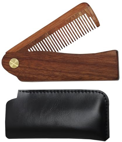 Folding Wooden Beard Comb with Carrying Pouch - Natural Hair and Moustache Grooming Tool for Men and Women - Portable Travel Gift