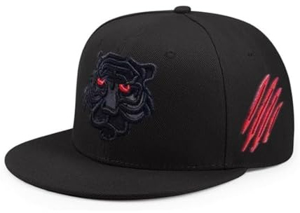 Trenzeo Men’s Lion Embroidery Snapback Cap – Adjustable Flat Peak Baseball Hat | 5-Panel Casual Outdoor Cap (UK, Alpha, One Size, Black, Cap)