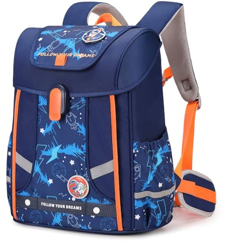 Amythe Schulrucksack Jungen Ergonomisch 1-4. Klasse mit Brustgurt, Kinderrucksack Schule 6-10 Jahre Schulranzen mit Abnehmbarer Gürtel und Reflektierend-Blau