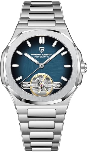 RollsTimi Pagani Design YS025 Men's Automatic Watch Skeleton Dial Tourbillon-Style E3251 Movement Sapphire Crystal 100M Waterproof Stainless Steel Luxury Sports Watch (Dark Blue)