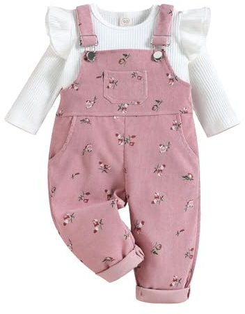 UUAISSO Vestiti per Bambine Top a Maniche Lunghe in Maglia Coste Pantaloni con Bretelle Floreali e Tasche Set Di Abiti rosa 6-12 mesi