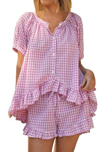 Pigiama da donna a quadri in 2 pezzi, con bottoni a quadretti, maniche a sbuffo, camicia babydoll con volant e pantaloni Y2K Pjs Lounge Set, rosa, XXL