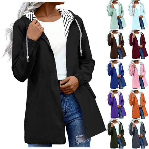 Waterproof Jackets For Women UK Casual Zipper Long Sleeve Packable Hooded Ladies Windbreaker Windproof Rain Coats Lightweight Outdoor Hiking