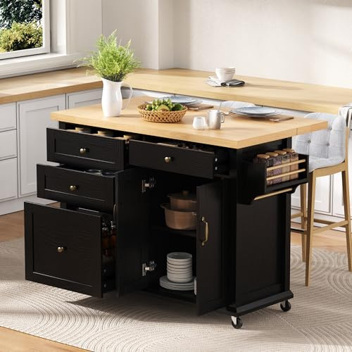 NovaFurnish Isola da cucina mobile con ruote e tavolo da pranzo estraibile, carrello da cucina con cassetti multifunzionali, ideale per cucina e sala da pranzo (nero, 45 x 107 x 90 cm)