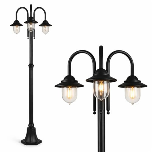Dopa Lampione da giardino esterno (3 luci E27) con lanterna classica stile moderno, lampioni IP54 elegante palo luce Lampada esterni policarbonato 210 cm max 60W (Nero)