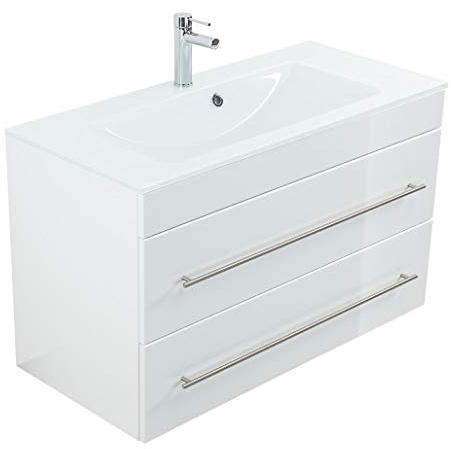 emotion Badmöbel Vitro 1000 mit Glaswaschbecken SoftClose Weiss Hochglanz