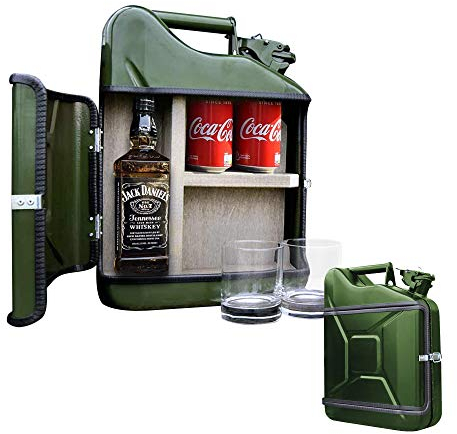 MikaMax 10L Kanister Bar Männer, Abschließbare Minibar, Weinlagerung mit Flaschenhalter, Enthält 2 Gläser, Grün