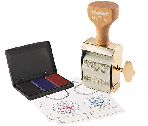 Trodat Vintage Besondere Anlässe Set zum kreativen Gestalten – 6 Abdruckmotive, Deutsch, Kreativstempel in vintage Optik inkl. Stempelkissen in Rot, Blau, Schwarz, 30x5 mm, 12 Etiketten in 3 Designs