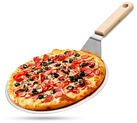 Pala per Pizza e Pane, Pala per Pizza in Acciaio Inossidabile con Manico, in 403 Acciaio Inossidabile, con Manico in Legno, per Pizza, Torte, Biscotti, Forno e Griglia, 25.5 cm / 10 pollici (Argento)
