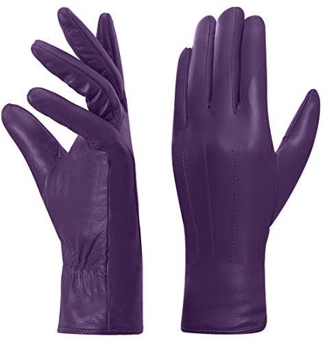 Harssidanzar Leder handschuhe für Damen, Winter Warm Fleecefutter Touchscreen Vintage Finished GL018EU,Lila, Größe L