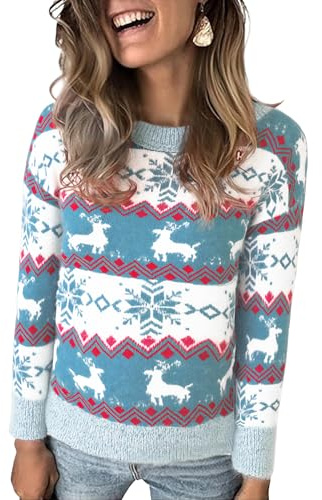 Marvmys Jersey Navideño para Mujer Manga Larga Suéter de Navidad Invierno Ropa de Punto de Reno Monigote de Nieve Cuello Redondo
