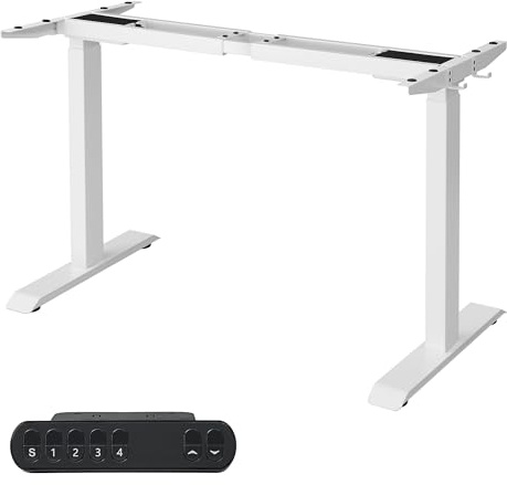 SONGMICS Höhenverstellbarer Schreibtisch elektrisch, Schreibtischständer, Doppelmotor, mit Haken, stufenlos verstellbar, Memoryfunktion, Stahl, weiß LSD019W01V1