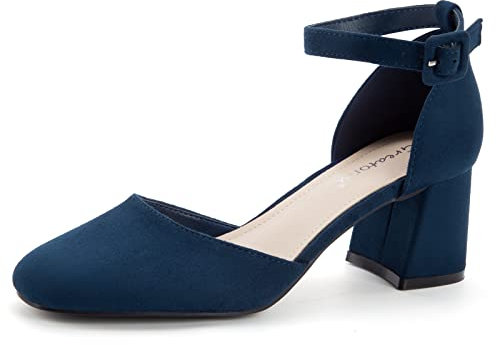 Greatonu Women's Block Heels Square Toe Ankle Strap Court Shoes for Women Party Wedding Office Pumps Dress Shoes Navy