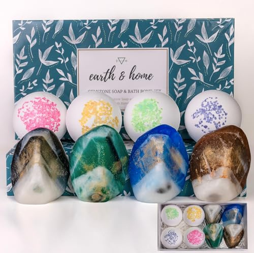 Gemstone Soap & Bath Bomb Set- Relaxing Spa Gift for women- Mothers day gift set- 4 Decorative scented Rock Soap with Crystals and 4 Fizzy Bath Bomb- with Natural Ingredients & Essential Oil