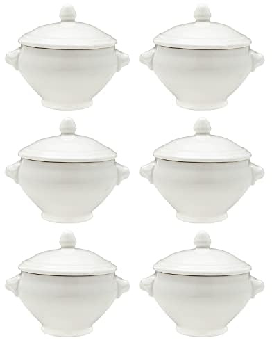 Vikko Soup Crocks With Lion Lids, 14 Ounce White Soup Bowl with Cover, Set of 6 Soup Dishes, Dishwasher Safe, Sturdy Design
