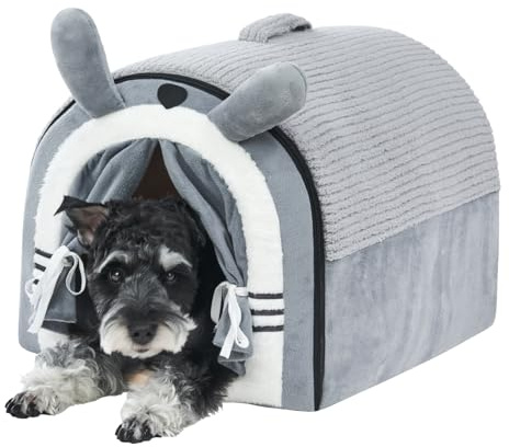 Jiupety Hundehöhle Mittelgroße Hunde mit Vorhängen, Tragbare Hundehütte Innen mit Tragegriff, Größe L Hundehaus Indoor für Kleine und Mittelgroße Hunde, Waschbare Polsterung, Grau