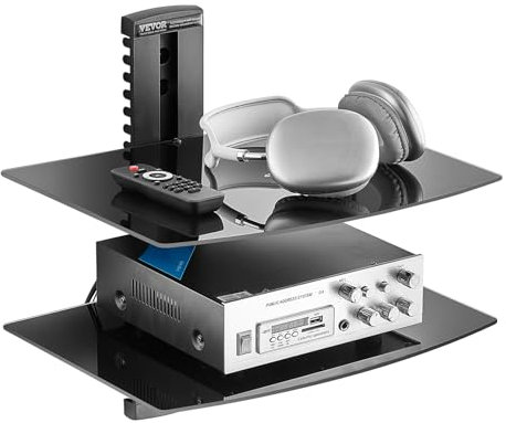 VEVOR Étagère Multimédia Mural à 2 Niveaux, Support Audio Visuel en Verre Trempé, Support pour Projecteur Capacité de Charge 8,2 kg, pour Lecteurs DVD/Décodeurs de Câbles/Consoles de Jeux, Maison