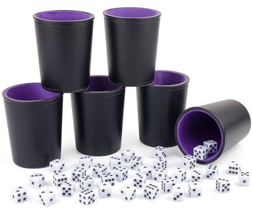 TOPTAN Black PU Leather Dice Cup with Purple Felt Lining Sets, Includes 6 Dice Shakers and 36 White Dice for Yahtzee Farkle Dice Game