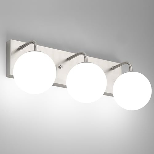 Kosmbruk Bathroom Light Fixtures, 3-Light Brushed Nickel Vanity Lights Bathroom Lighting Fixtures Over Mirror, Modern Wall Sconces Wall Lighting with Globe Frosted Milk Glass Shades
